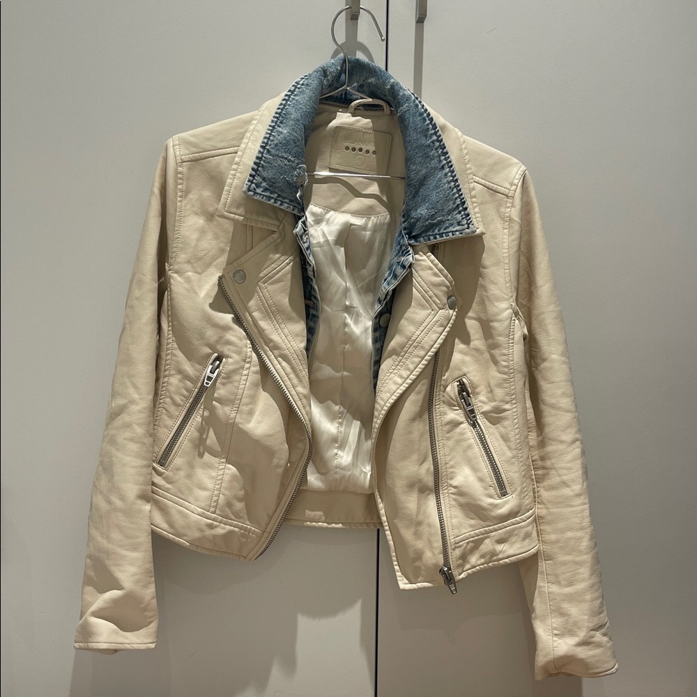 Blank NYC Cream Leather Jacket with Denim Trim